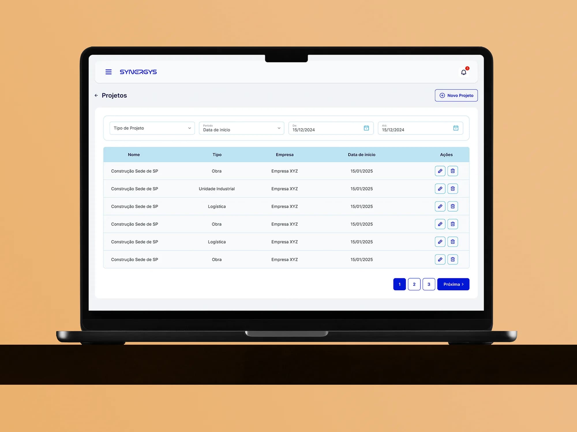 Tela de gestão de projetos do Synergys